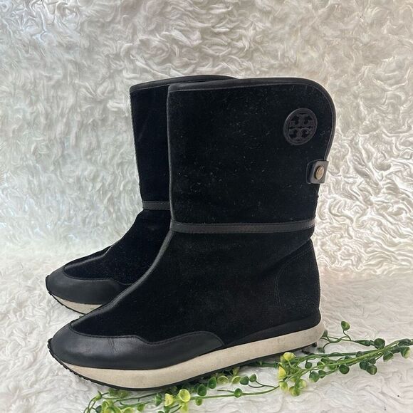 Tory Burch Black Suede Shearling Lined Mid Calf Snow Winter Boots‎ size 6.5 - Picture 6 of 12